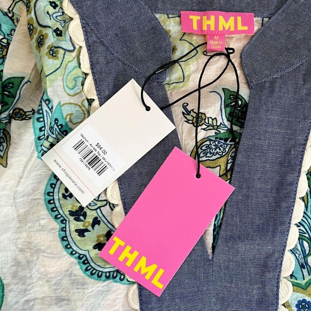 NWT THML short-sleeve top green blue paisley pattern denim-style V-neck collar M - Picture 6 of 8
